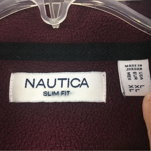 Nautica 1/4 Zip Pullover Jacket Sz Large Slim Fit Fleece Burgundy Color Block - Picture 2 of 10